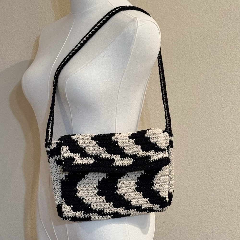 Y2K Black White Houndstooth Crochet Knit Baguette Shoulder Bag Cotton Purse